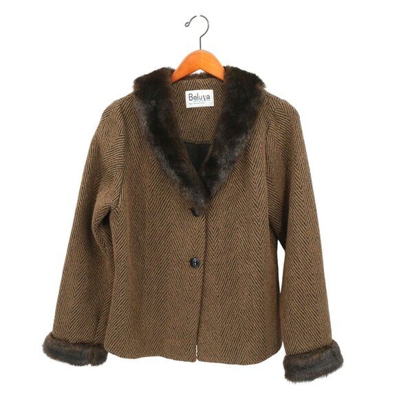 Beluva San Francisco Faux Fur Trim Brown Chevron Pattern Jacket M - Picture 1 of 4